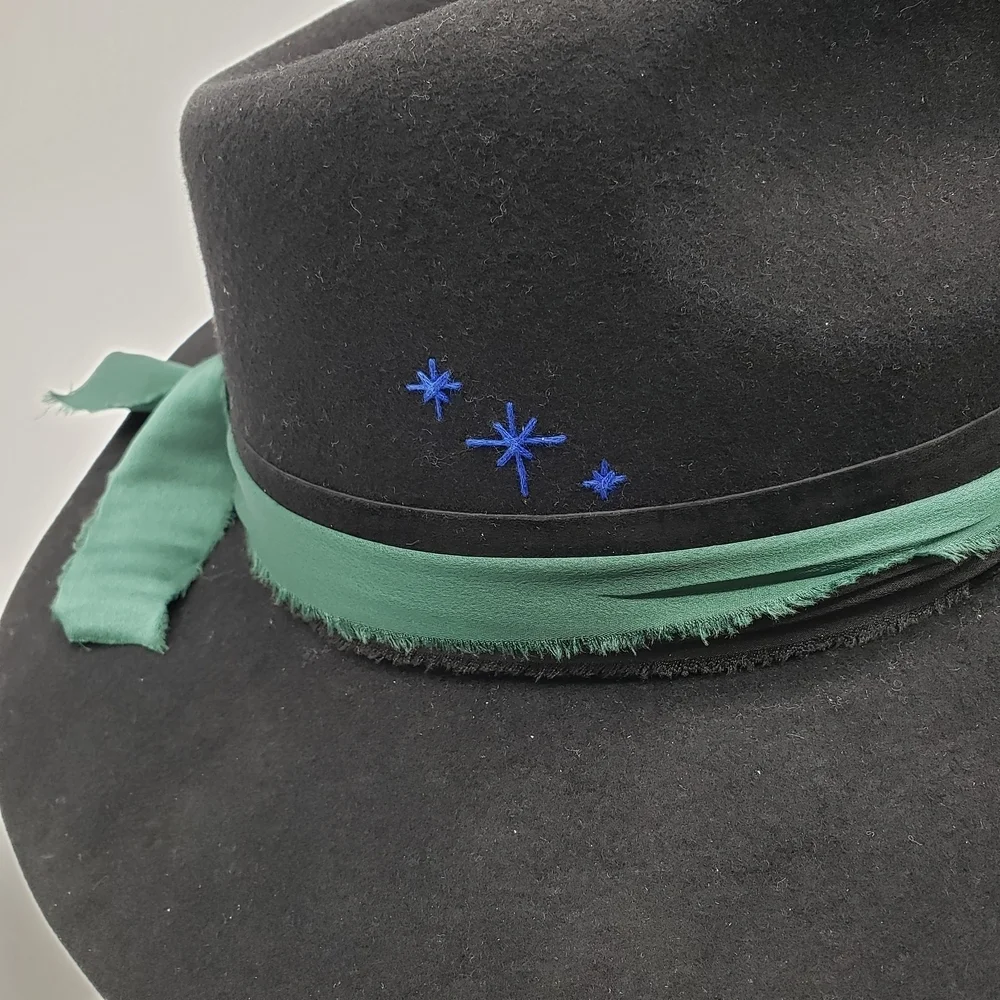 Lack Of Color Med 57cm Black Wool Hat Blue Feather green black band embroidered